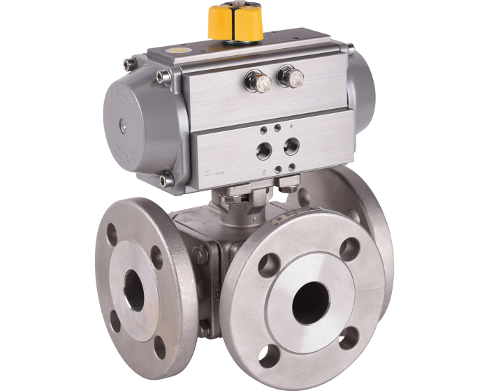 3 way stainless steel ball valve 785 L-port + RE/RES pneumatic actuator